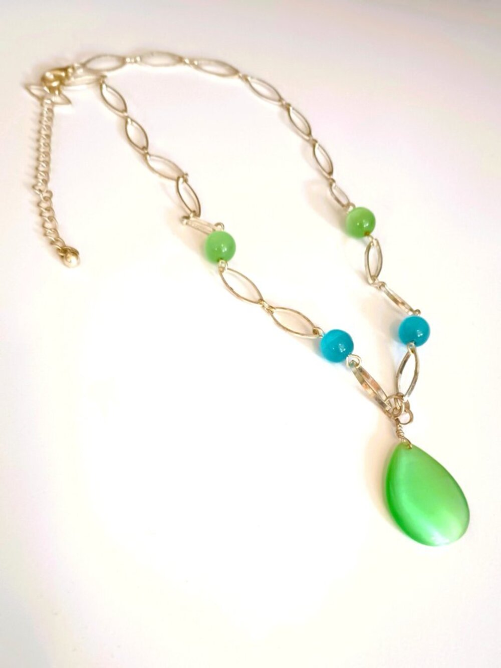 Silver Tone Beaded Teardrop Necklace 18" Green & Blue Dainty Drop Retro Jewelry